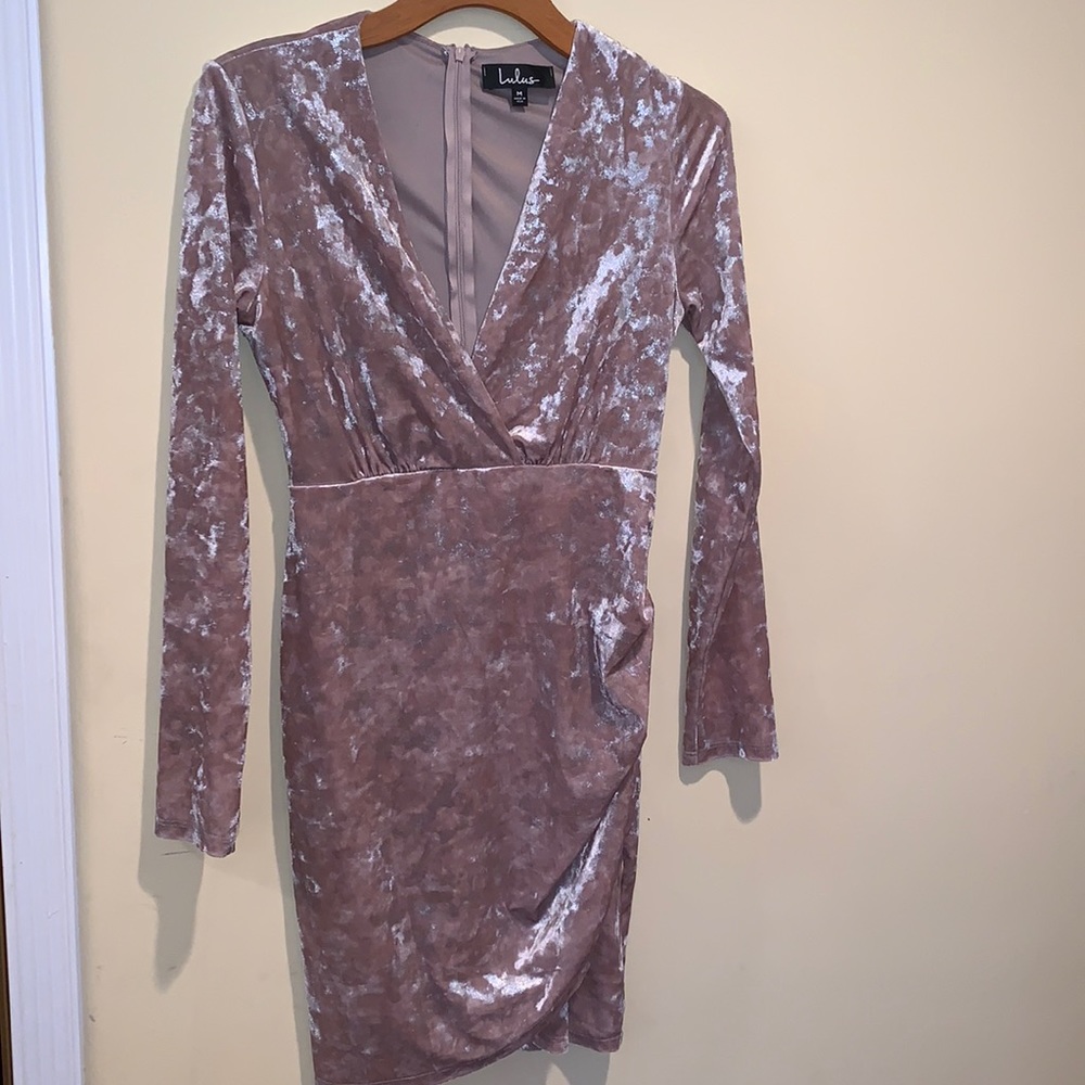 Lulu's Mauve Velvet Long Sleeve Wrap Dress